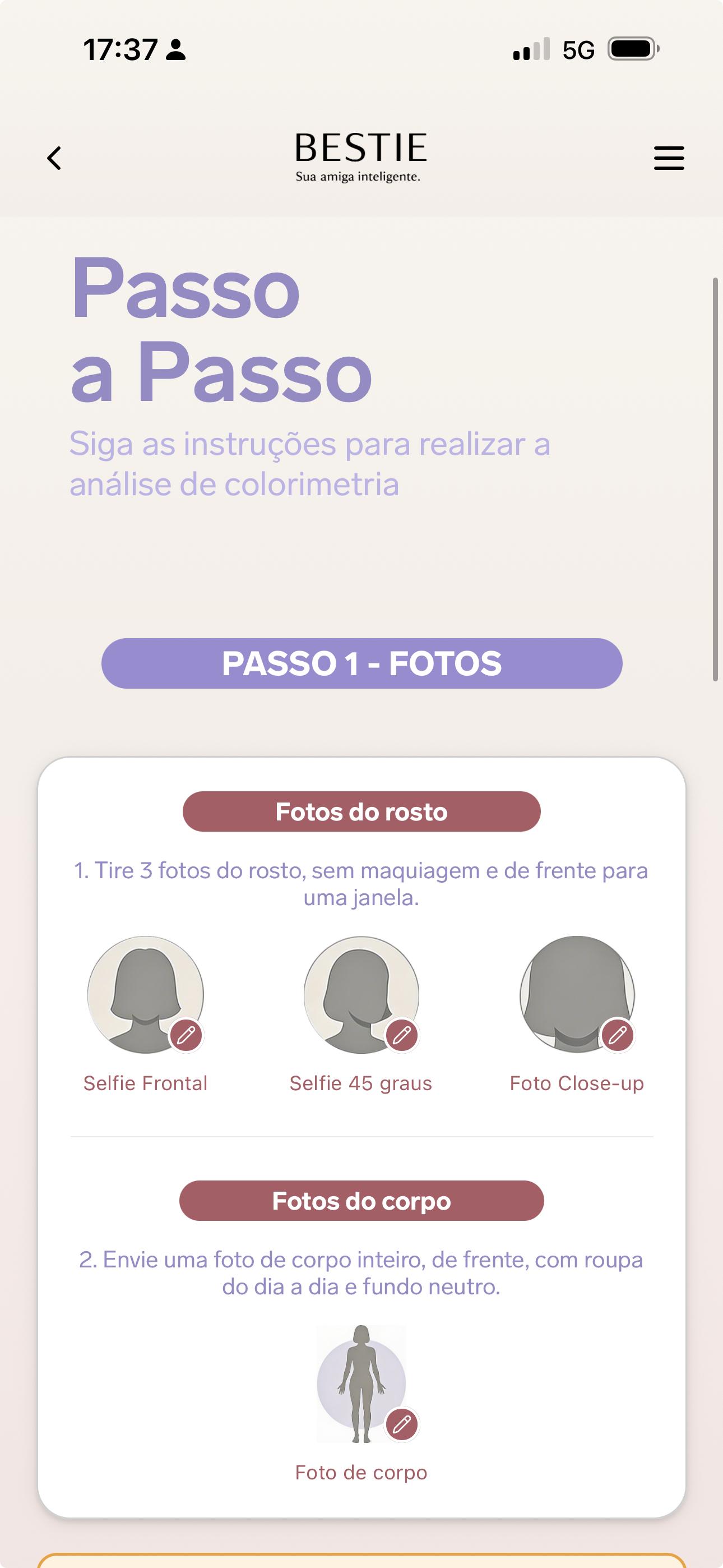 Tela Passo a Passo do app Bestie